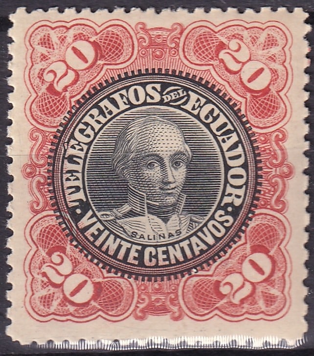 Ecuador 1899 “Telegrafos del Ecuador – 20 Centavos?? Red and Black Yvert EC TE24, Barefoot (1 of 2)