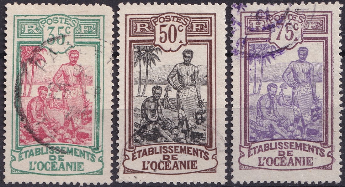 French Oceania 1913 Tahitians Series – Agriculture & Colonization (Scott 39, 42, 47): Issued in 1913 during the French colonial administration of Oceania, this striking set of three stamps depicts Tahitian men engaged in coconut harvesting against a tropical backdrop of palm trees, sym