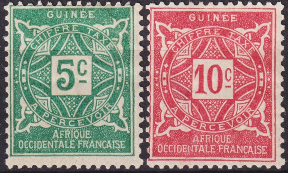 French Guinea 1914 Postage Due Issue, 5c & 10c, Scott J16–J17: Issued in March 1914 for French colonial administration in West Africa, this pair of postage due stamps from French Guinea represents the standardized design adopted across the colonies during the ear