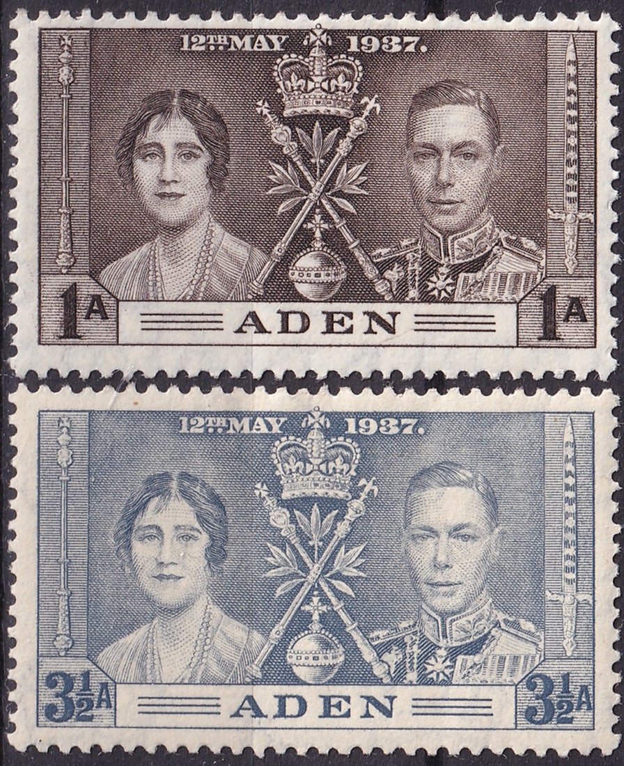 Aden 1937 Coronation of King George VI and Queen Elizabeth (SG 13–14, Mi 13–14): Issued on 12 May 1937, the date of the Coronation of King George VI and Queen Elizabeth, this beautifully engraved pair from Aden forms part of the coordinated British Commonwealth coronation omnibus