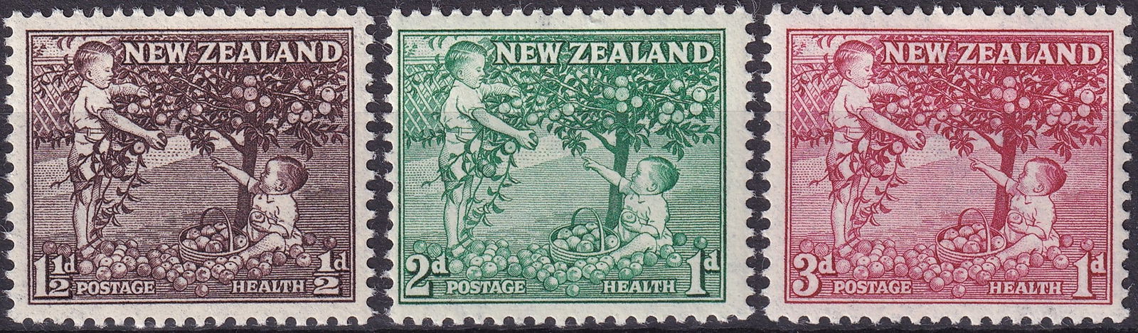 New Zealand 1956 Health Stamps Children Gathering Fruit Set Scott NZ B49–B51: Issued on September 24 1956 this beautifully engraved three stamp semi postal set from New Zealand represents one of the smaller printings in the country’s celebrated Health Stamp series created to