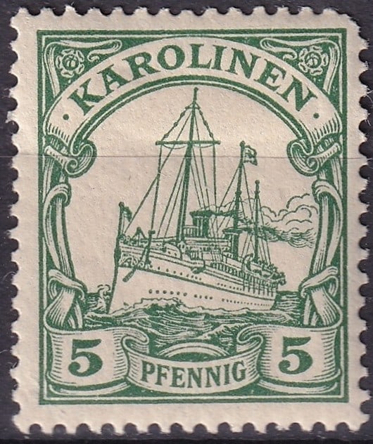 Germen Caroline Islands 1900 5 Pfennig Green Hohenzollern Yacht MNH: Issued in December 1900 for the Caroline Islands under German colonial administration, this 5 Pfennig green stamp belongs to the celebrated "Hohenzollern Yacht" series, one of the most iconic colonial