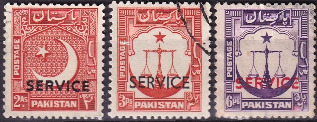 1948 Pakistan Officials “Service?? Overprints Scott PK O14–O15–O19: Issued on August 14, 1948, these early official stamps were among the first issues of the Dominion of Pakistan, produced shortly after independence to serve government correspondence. The set includes