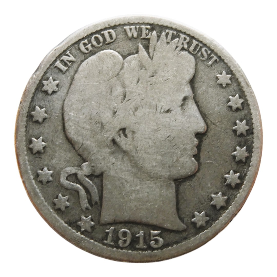 1915-O United States Barber Half Dollar, New Orleans Mint, N#10085: The 1915-O Barber Half Dollar represents the final year of production for this denomination at the historic New Orleans Mint, which ceased operations the same year. Part of the Barber coinage series (