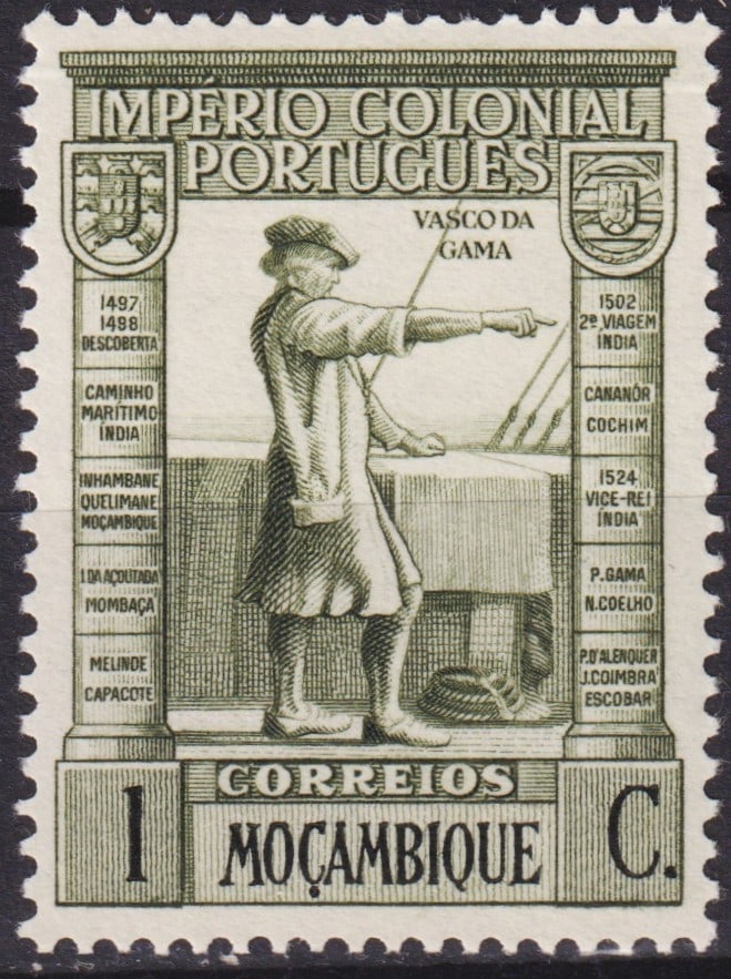 Portuguese Mozambique 1938 Vasco da Gama Colonial Empire Issue Mi 297, Sc 270: Issued on August 1, 1938 as part of the Portuguese Colonial Empire series for Mozambique, this stamp commemorates Vasco da Gama, the great navigator whose voyages established the maritime route to Ind
