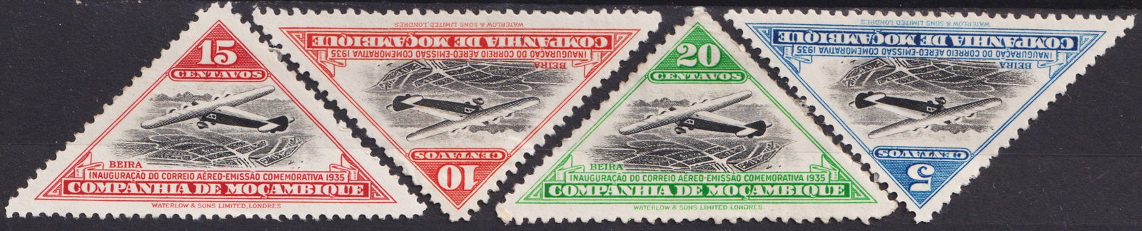 Portuguese Mozambique Company 1935 Airmail Set Beira-Salisbury Scott C165-C168: Issued in 1935 by the Mozambique Company, this complete airmail set of four triangular stamps (Scott C165–C168) commemorates the opening of the air mail route between Beira and Salisbury, a signific