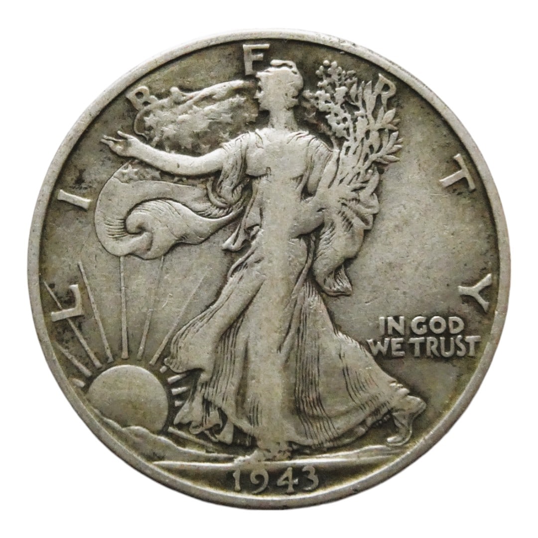 US 1943-S Walking Liberty Half Dollar, San Francisco Mint, silver (.900): This is a circulated example of the 1943-S Walking Liberty Half Dollar, minted in San Francisco as denoted by the clear "S" mint mark to the left of the eagle on the reverse. Part of the iconic series