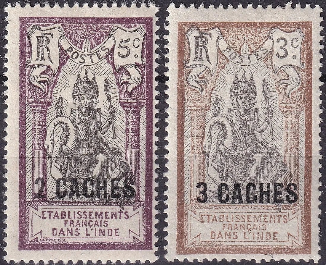 1919 French India Sarasvati 2 & 3 Caches Overprints – Scott #87, #88 MNH: Pair of scarce 1919-issue surcharged stamps from French India, featuring bold black typographic overprints "2 CACHES" and "3 CACHES" on the original 5c purple and 3c brown Sarasvati designs, respectiv