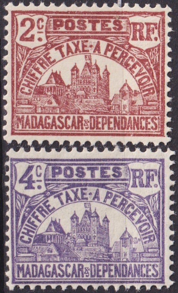 1908 Madagascar Postage Due 2c Brown and 4c Violet, Scott J8-J9: Issued in July 1908 for the French colonial administration in Madagascar, these postage due stamps feature the Royal Palace of Antananarivo, a landmark of great historical and political importance. Pr