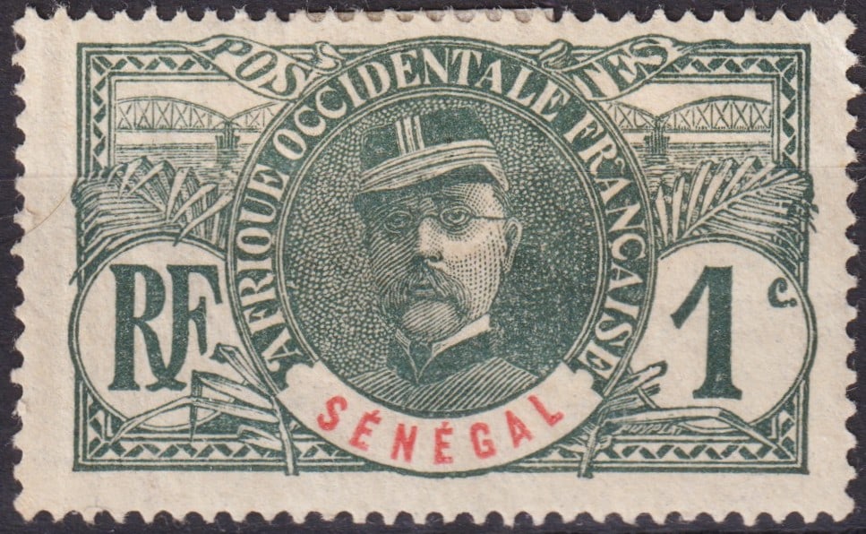 1906 Senegal General Faidherbe 1c Gray Green/Red, Scott SN 57: Issued in April 1906, this 1 centime definitive from Senegal belongs to the French West Africa colonial series honoring General Louis Faidherbe (1818–1889), the French military officer and colonial