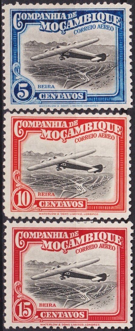 Mozambique Company Airmail 1935 Beira-Salisbury Flight Mi MZ-C186-188: Issued on November 1, 1935 by the Mozambique Company, this remarkable airmail series commemorates the opening of the pioneering Beira–Salisbury flight route. Printed by Waterlow & Sons, London, the