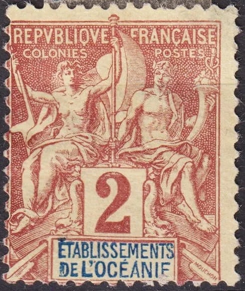1892 French Oceania Navigation & Commerce 2c Blue/Brown, Scott FR-OC 2: Issued in 1892, this 2 centime definitive belongs to the celebrated Navigation and Commerce series designed by Louis-Eugène Mouchon, one of the most iconic colonial issues of the French Empire. The a