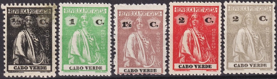 Portuguese colonial 1921 Cape Verde Ceres Definitives Surcharged, Scott 163–167: This group of five surcharged definitives from Cape Verde, issued in 1921, forms part of the iconic Ceres series, one of the most recognizable issues of the Portuguese colonial empire. The allegorical