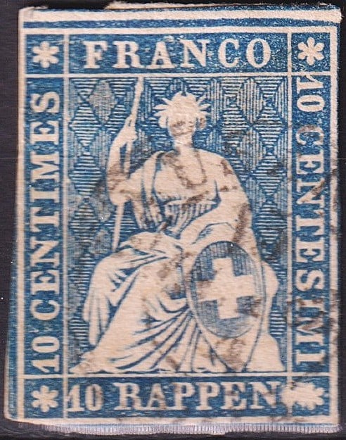 Switzerland 1854 Sitting Helvetia 10 Rappen Blue, Scott 32A: This scarce 1854 issue from Switzerland features the classic “Sitting Helvetia” design, one of the earliest definitive stamps of the Swiss Confederation. Printed typographically and in relief,