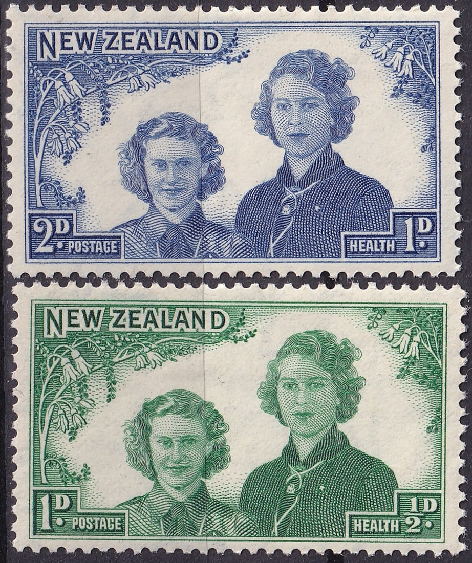 British New Zealand 1944 Health Stamps Princesses Elizabeth & Margaret Scott B24-B25: Issued in 1944, this semi-postal pair from New Zealand’s Health Stamp series portrays the young Princess Elizabeth, future Queen Elizabeth II, alongside her sister Princess Margaret, both dressed in