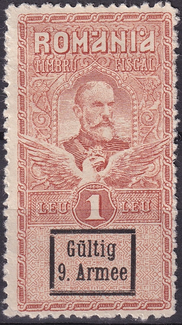 Romania 1918 German Occupation, Overprint "Gültig 9. Armee", Fiscal Stamp, Yvert DR-RO EGZ9, AFA: This rare 1918 Romanian fiscal postal tax stamp was issued under German occupation during World War I, featuring the portrait of King Carol I framed by elaborate ornamentation and an imperial eagle wi