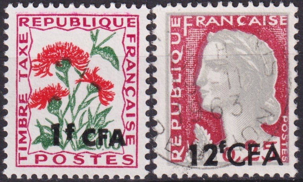 French Réunion 1961–1965 Surcharged Issues Scott #339, J49 Used: This pair from Réunion represents the transitional period when the French overseas departments adjusted their postal system to the CFA franc currency. The 12 franc CFA issue of 14 January 1961 (Scott