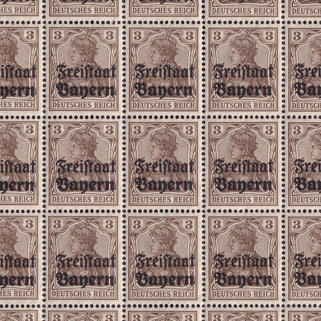 1919 Bavaria Freistaat ovpt Germania 3pf sheet, Scott DE-BY 177 - 2