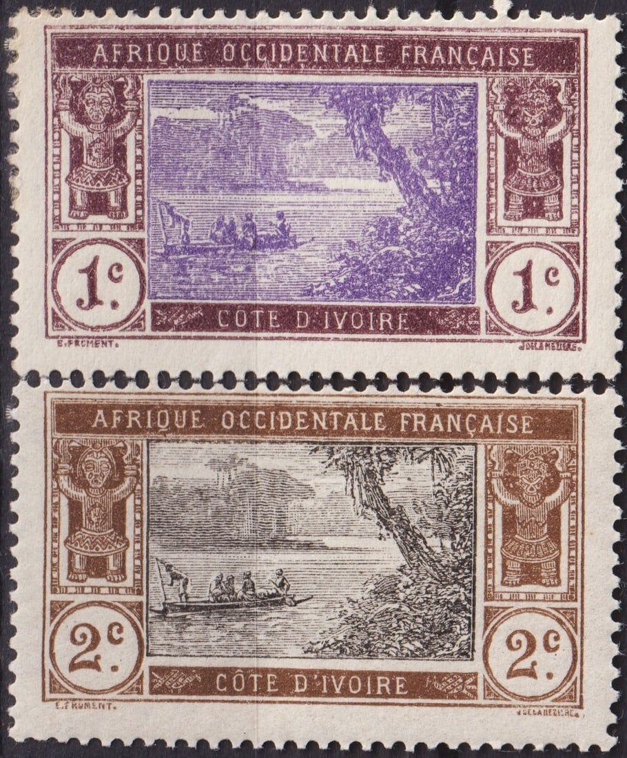 France 1913 Cote dIvoire Lagoon Scene Scott CI 42-43: Issued in 1913 under French West Africa, this pair of definitive postage stamps from Cote dIvoire features the evocative Ebrié Lagoon scene, a design by Joseph de La Nézière engraved by E. Froment,