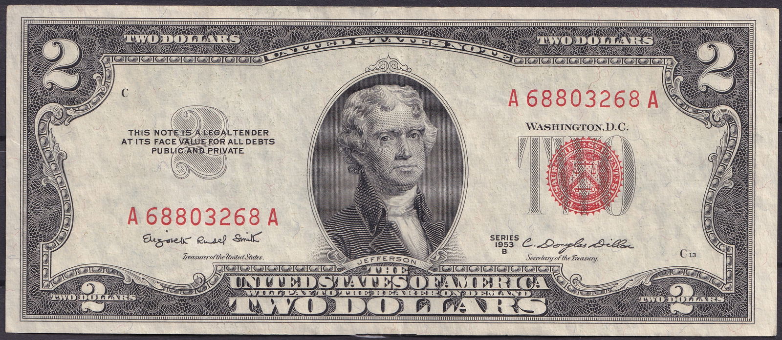 USA 1953B Two Dollar Legal Tender Note Jefferson, Serial A68803268A (1 of 2)