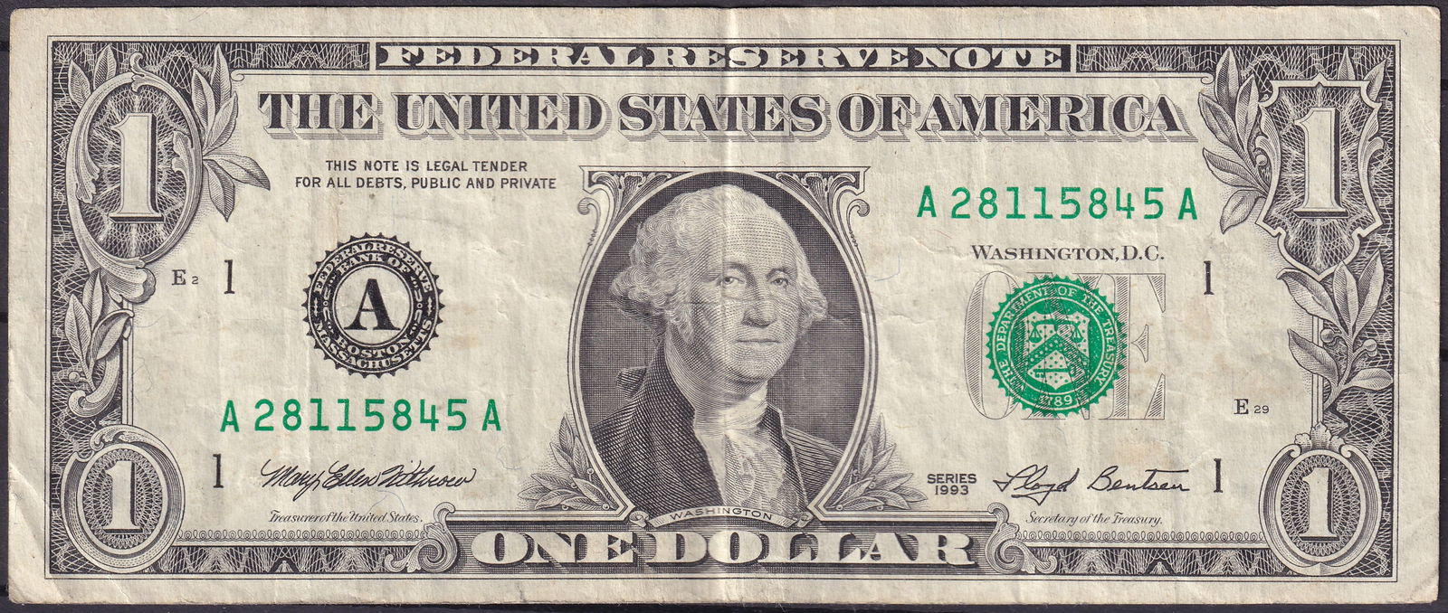 USA $1 Federal Reserve Note 1993 – Serial A28115845A (1 of 2)