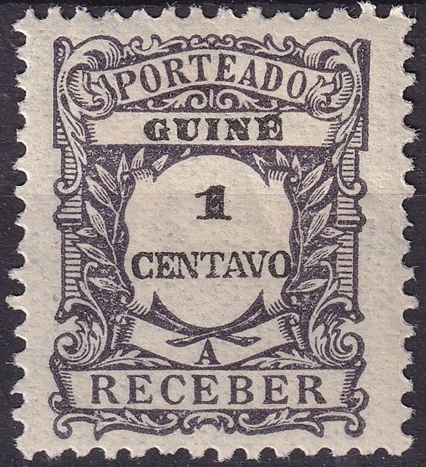 Portuguese Guinea 1921 Postage Due 1c Slate Violet Scott J31: This scarce postage due stamp from Portuguese Guinea, issued in 1921, represents the transitional phase of the colony’s postal system when the centavo currency replaced the earlier real denomination