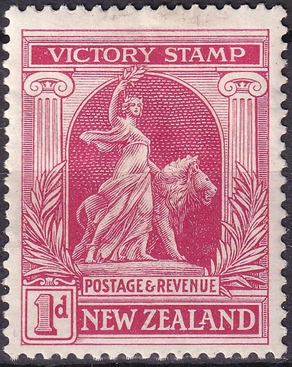 New Zealand 1920 Victory Stamp 1d Bright Carmine Scott Unlisted SG 454a: Issued on January 27 1920 this 1 penny bright carmine commemorative from New Zealand’s celebrated Peace and Victory series marks the end of the First World War and symbolizes the triumph of peace fo