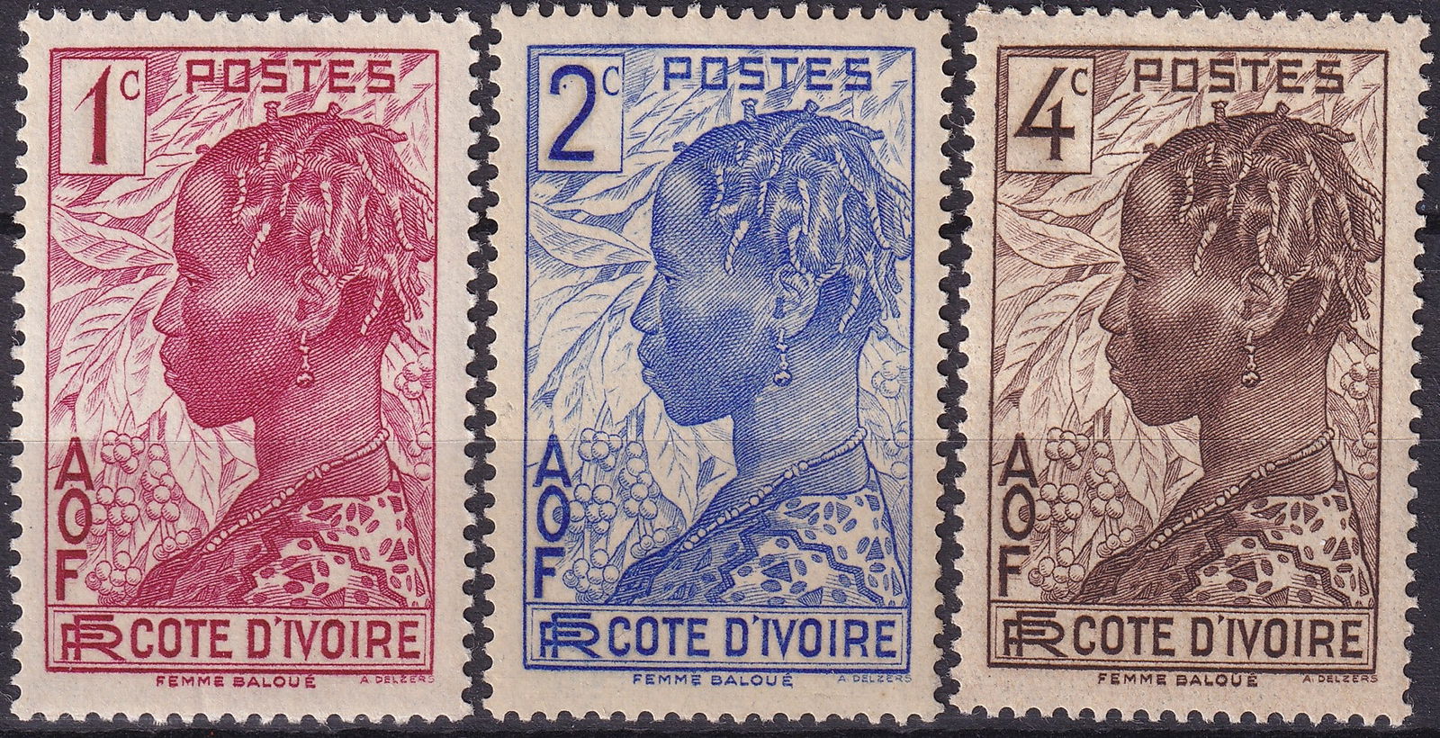 Ivory Coast (Cote dIvoire) 1936 “Femme Baloue?? 1c 2c & 4c (Scott CI 112–115): Issued on October 19, 1936, as part of the “Local Motifs” definitive series for the French West African colony of Côte d’Ivoire, this remarkable trio engraved by Albert Decaris portrays a �