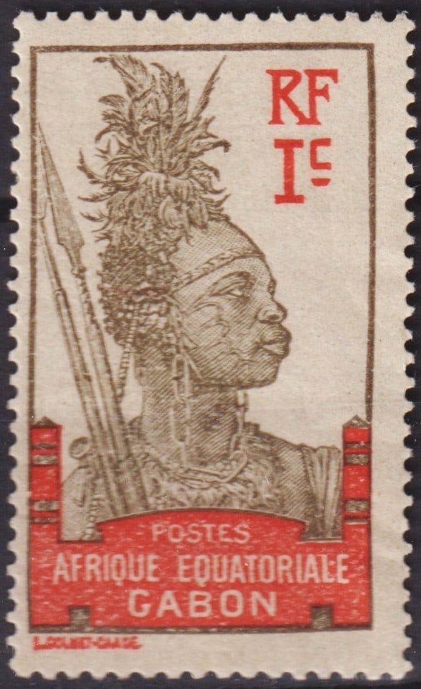 French Gabon 1911 1c Warrior Definitive, Michel GA 49b, Yvert 49a: Issued in January 1911 under the French colonial administration of Gabon, part of French Equatorial Africa, this 1 centime definitive stamp (Michel GA 49b, Yvert & Tellier GA 49a, Scott GA 49c) depict