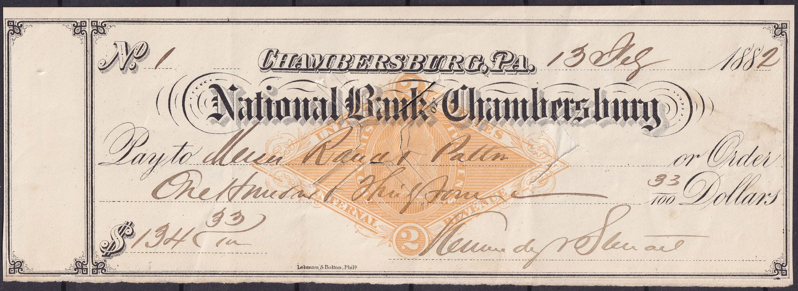 United States 1882 National Bank of Chambersburg Check RN-G1 Orange Revenue Imprint (1 of 3)