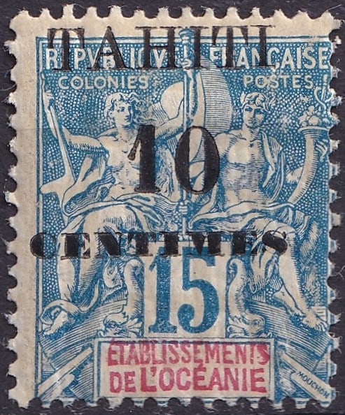1903 Tahiti 10c on 15c Blue & Carmine Surcharge, Scott FR-TA 29 MNH: This rare and well-preserved example of the 1903 Tahiti 10 centimes surcharge on 15 centimes blue and carmine definitive from the Oceanic Settlements series demonstrates the fiscal adaptations of Fran