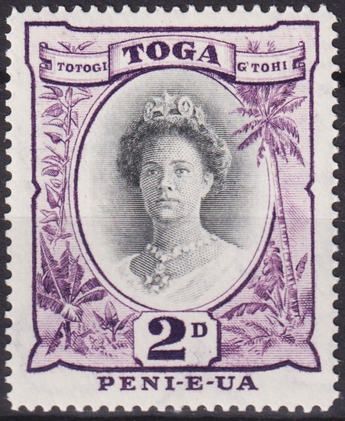 Tonga 1932 Queen Salote Tupou III 2d Black Lilac & Black, SG 57e: This scarce definitive issue from Tonga, released in 1932, features a finely engraved portrait of Queen Salote Tupou III (1900–1965), one of the most celebrated monarchs in Pacific history, framed b