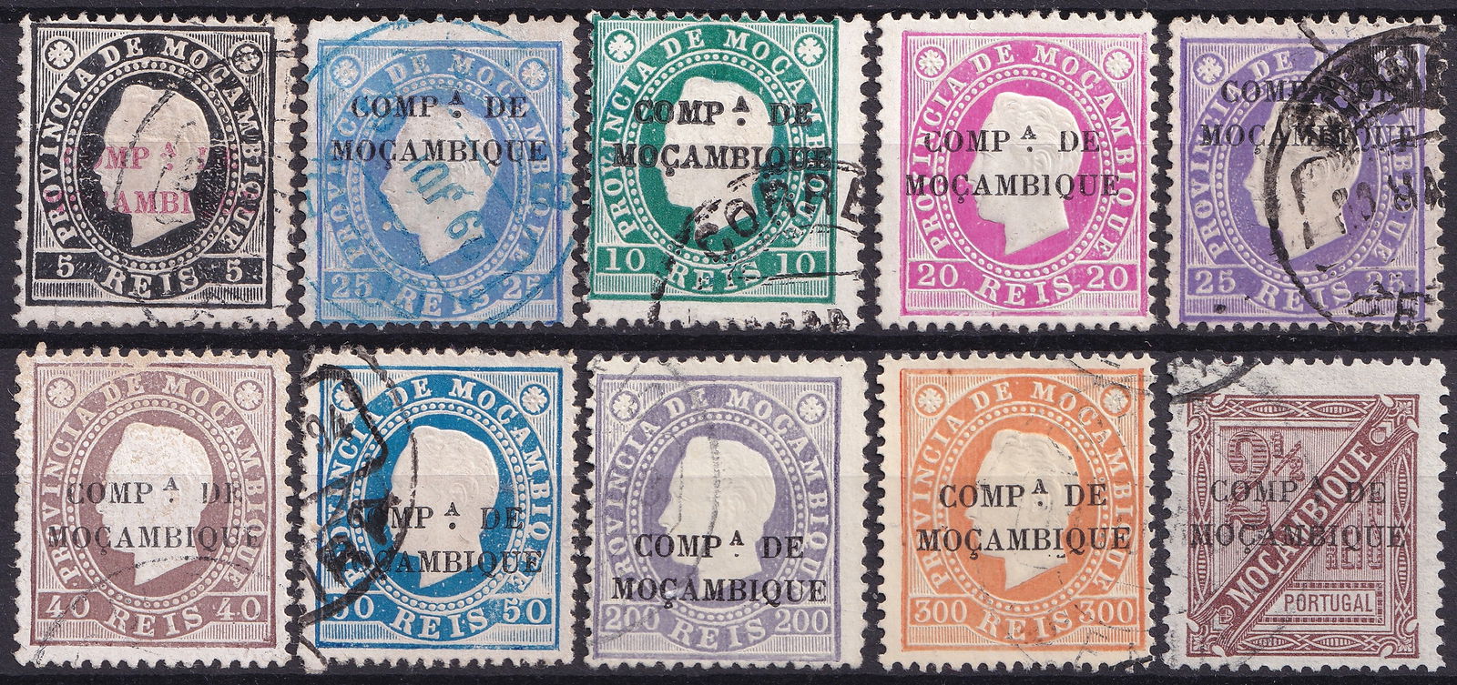 Portuges Mozambique Company 1877–1893 King Luis I Overprinted Issue Collection Scott 1–10: This fine and representative collection features stamps from Mozambique Company during the reign of King Luis I, issued between 1877 and 1893. The series portrays the left-facing effigy of King Luis I