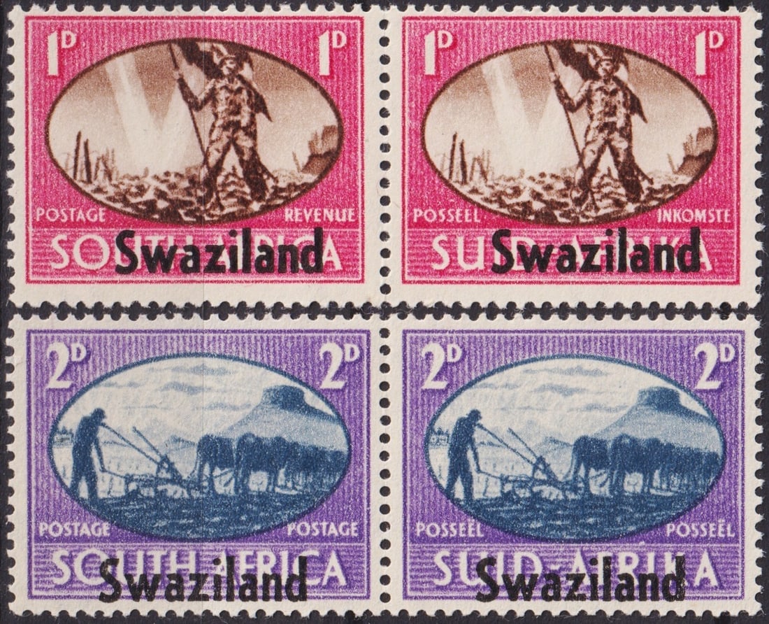 Swaziland WWII Victory Overprints 1945, SG 39–40, Mint Block of 4: This commemorative issue from Swaziland, released on December 3, 1945, marks the end of the Second World War and features overprints on South African definitive designs. The upper pair (SG 39, Mi 38/3