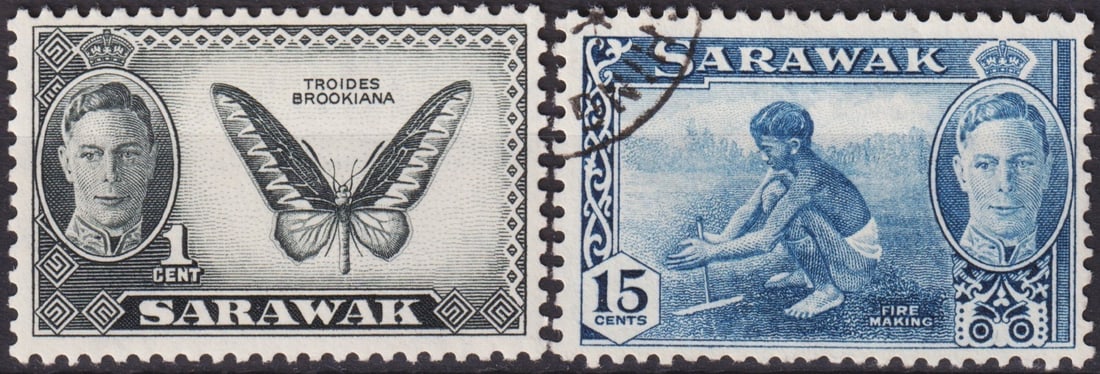 Sarawak 1950 King George VI Definitives 1 c “Troides Brookiana?? & 15 c “Fire Making: Issued on 3 January 1950 under the reign of King George VI, this pair belongs to the finely engraved definitive series of Sarawak produced by Bradbury Wilkinson & Co. Ltd. in London. The 1 cent stamp,