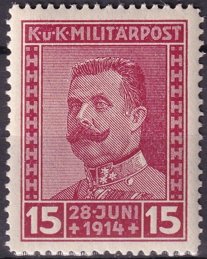1917 Bosnia Herzegovina WWI Semi Postal Scott BA B14a: Issued in 1917 under Austro Hungarian administration in Bosnia and Herzegovina, this semi postal military post stamp commemorates the anniversary of the death of Archduke Franz Ferdinand and Princess