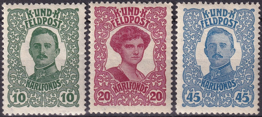 WWI 1918 Austria Hungary Feldpost Emperor Karl Fund Michel AT AH F73 F74 F75: This complete mint never hinged set originates from Austria-Hungary Military Post Feldpost and belongs to the Emperor Karl Fund issue of 1918, released during the final phase of the First World War. T