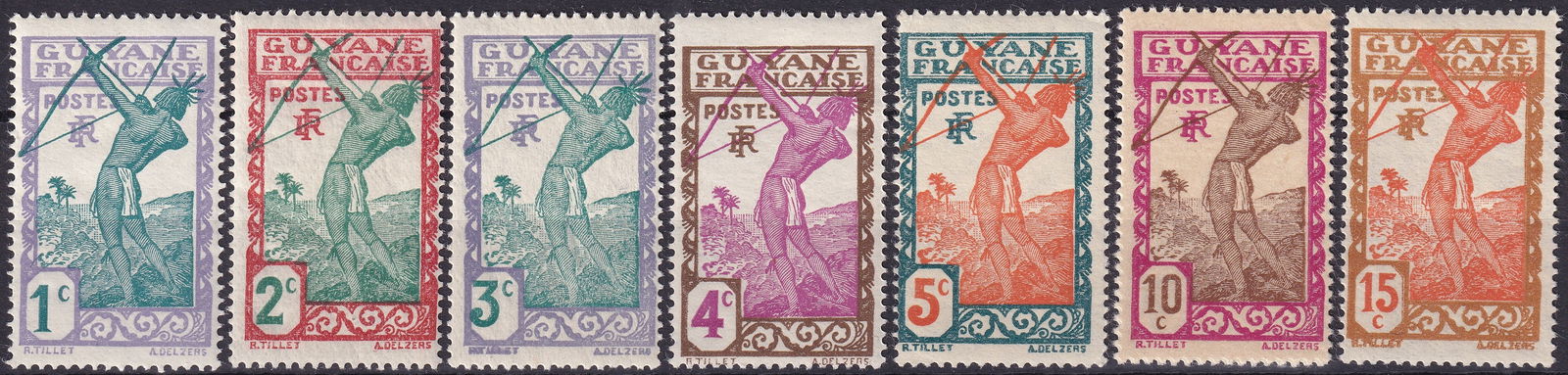 1929 French Guiana Local Motifs Archery Scott FR GY 109 115: This multi value group of definitive stamps from French Guiana was issued from 1929 onward as part of the Local Motifs series illustrating indigenous life and traditional practices within the French c