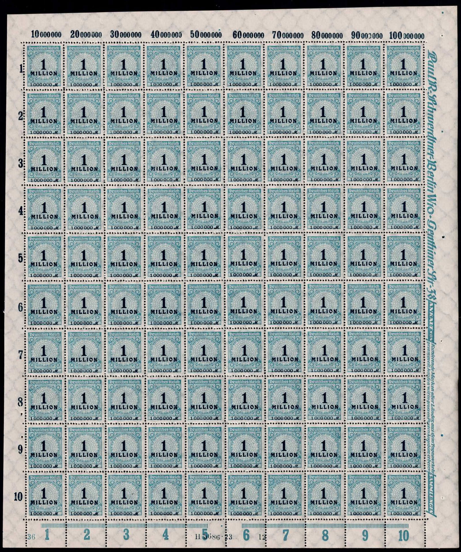 1923 Germany Post War Deutsches Reich 1 Million Mark Michel DR 314APPEI Sheet (1 of 3)