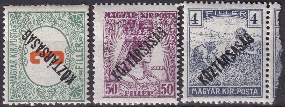 Hungary 1918–1919 Republic Overprints Scott J46 155 173 Trio: This lot presents a representative trio of early Hungarian Republic overprints issued during the turbulent transitional period following the collapse of the Austro-Hungarian Monarchy and the proclamat
