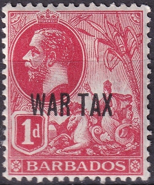 British 1918 Barbados War Tax 1d King George V Scott MR1: This item is the 1918 Barbados War Tax stamp bearing the denomination of 1 penny, issued during the final phase of the First World War to generate additional fiscal revenue through postal taxation. Ca