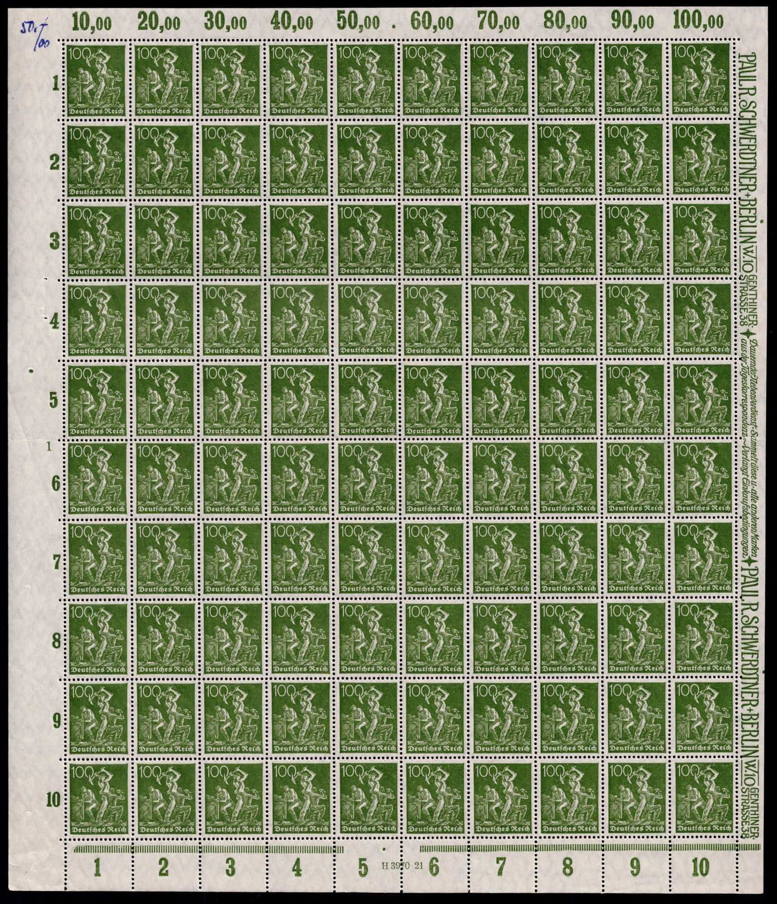 Post War 1922 German Reich Definitives Workers Michel DR 187a Full Sheet MNH (1 of 3)