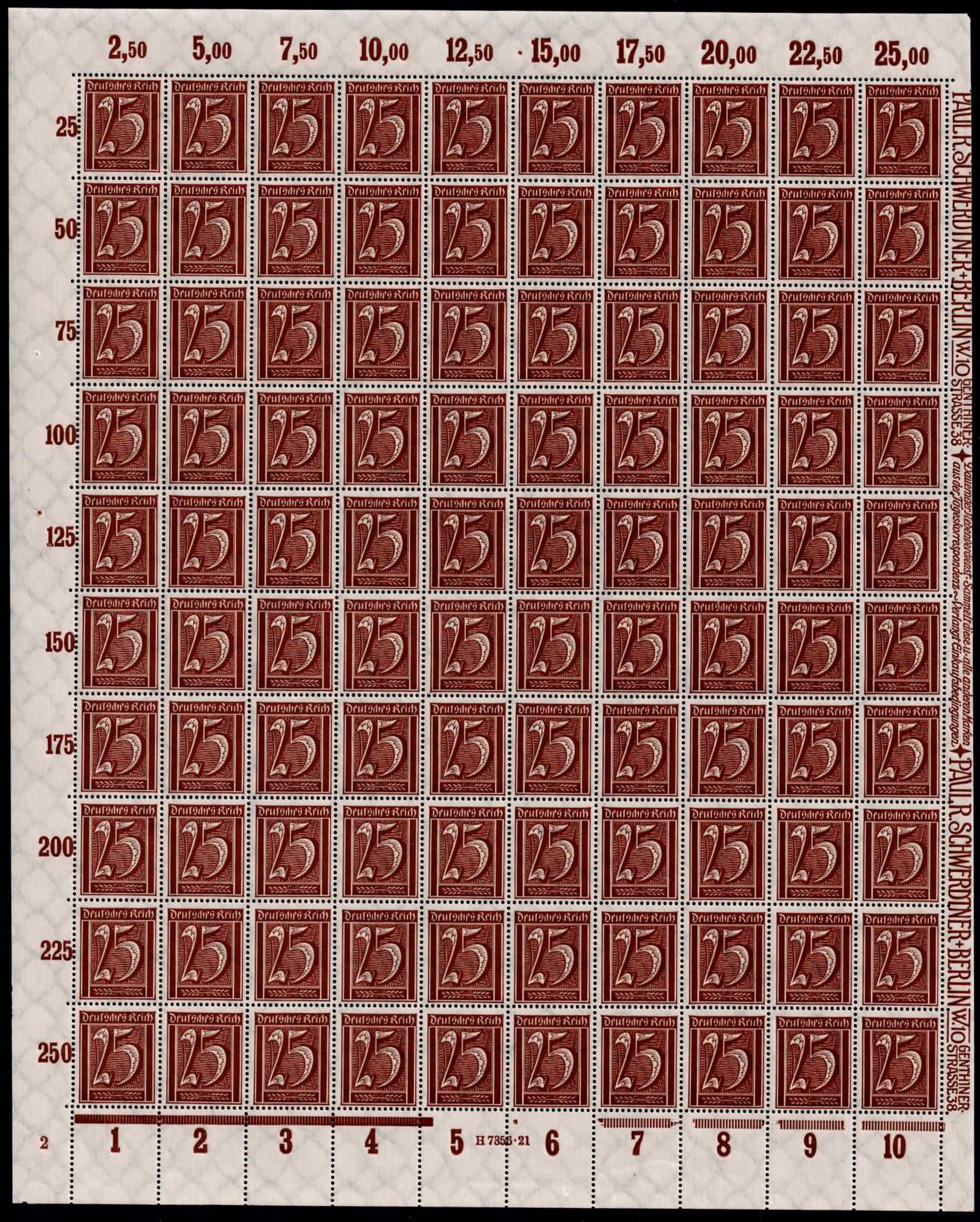 Post War 1921 German Reich Definitive Numeral Sheet Scott DE 140 25 Pfennig: This complete and intact sheet represents the German Reich definitive numeral issue of 25 pfennig released in August 1921 and valid through 30 September 1923, a period defined by postwar recovery hype
