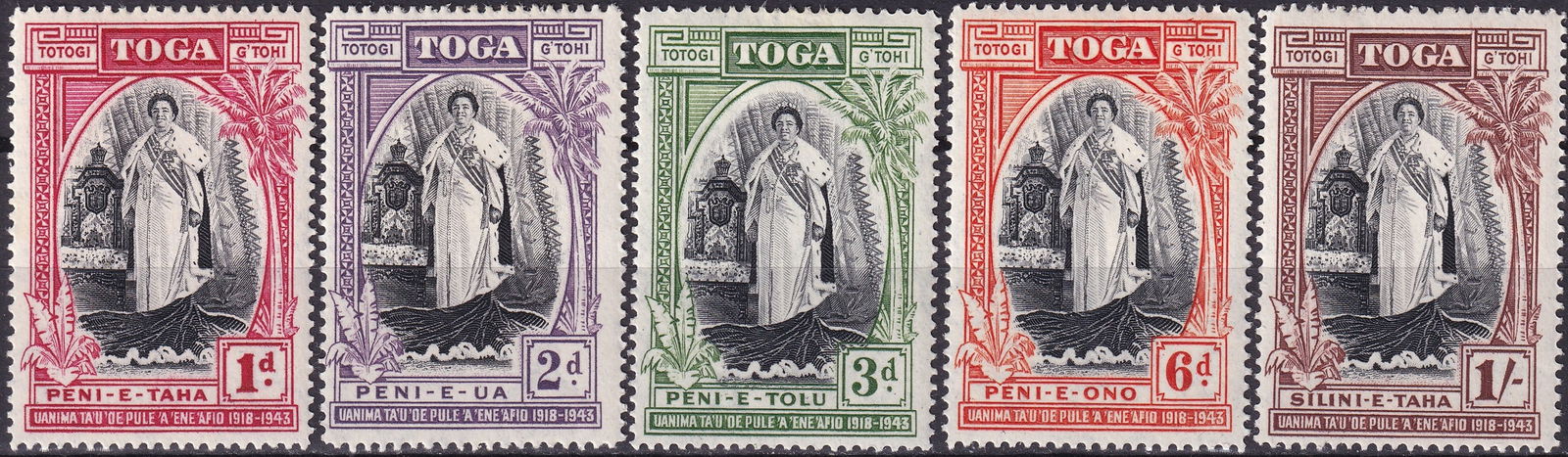 British 1944 Tonga Queen Salote 25th Anniversary Set (1d–1s), Scott 82–86: Issued on January 28, 1944, this commemorative series from Tonga celebrates the 25th anniversary of the reign of Queen Salote Tupou III, one of the most respected and beloved monarchs of the Pacific.