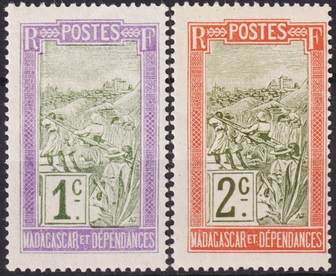 Madagascar 1908 Landscapes Issue, 1c Violet/Olive & 2c Red/Olive (Scott MG 79–80): A pair of early colonial issues from Madagascar, part of the Landscapes series released in 1908 under French administration. Both stamps depict rural agricultural scenes with laborers working the land
