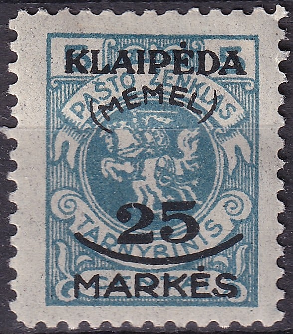 WWI 1923 Memel Klaipeda Occupation Scott N8 25 Mark Definitive: This mint example represents the 1923 Klaipeda Memel occupation issue released on 5 February 1923 during the brief but historically significant period when the Memel Territory was administered separat