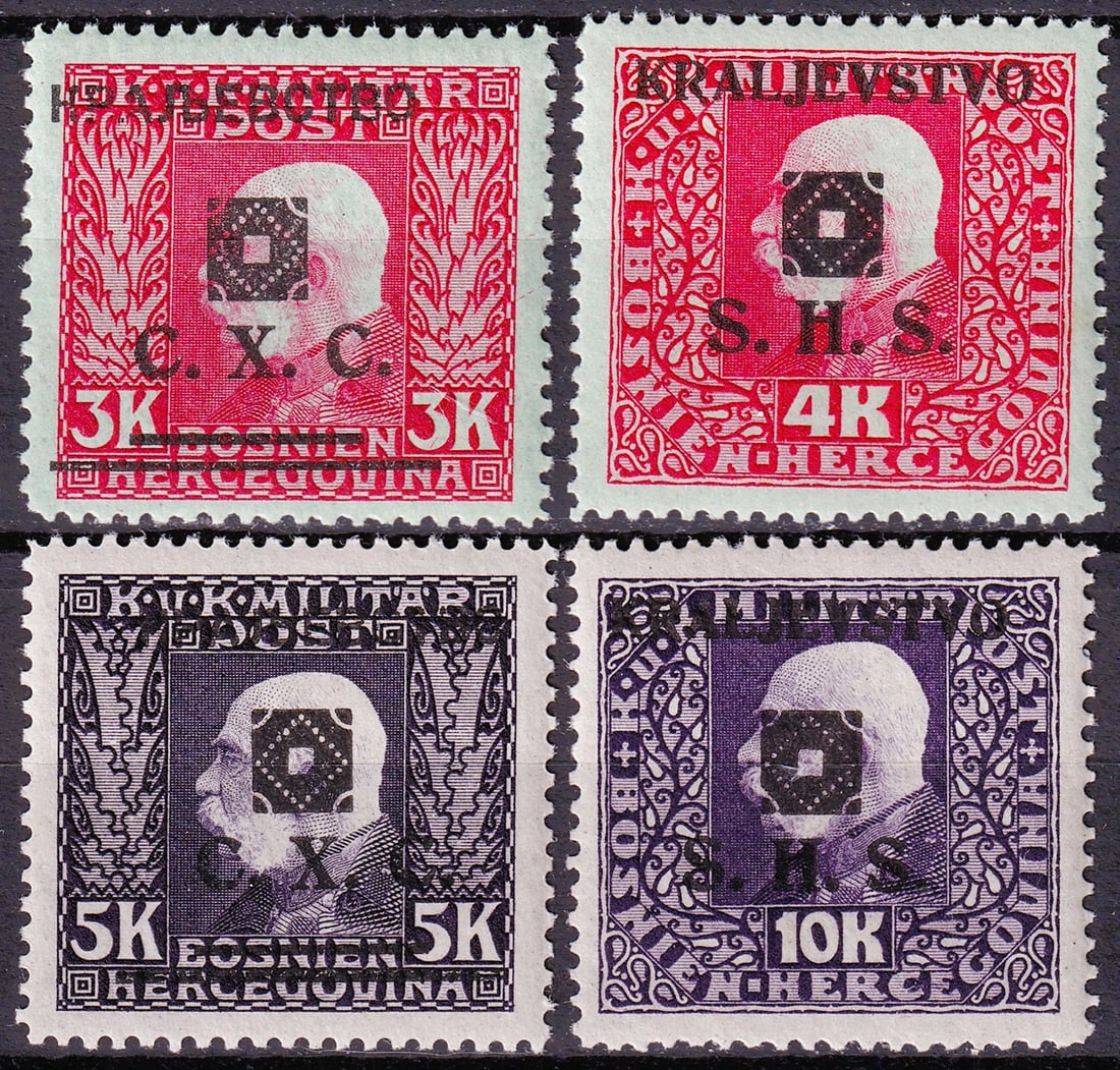 Austro-Hungarian 1919 Bosnia Herzegovina Occupation Yugoslavia Scott 1L39–1L42: This historically significant occupation issue originates from Bosnia and Herzegovina during its incorporation into the newly formed Kingdom of Serbs Croats and Slovenes following the collapse of the