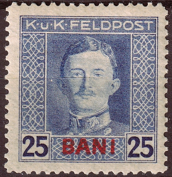 WWI 1917 Romania Austro Hungarian Occupation WWI Scott RO 1N8 25 Ban: This mint never hinged stamp originates from the Austro Hungarian military occupation of Romania during the First World War and was issued on 1 November 1917 as part of the Feldpost overprint series c