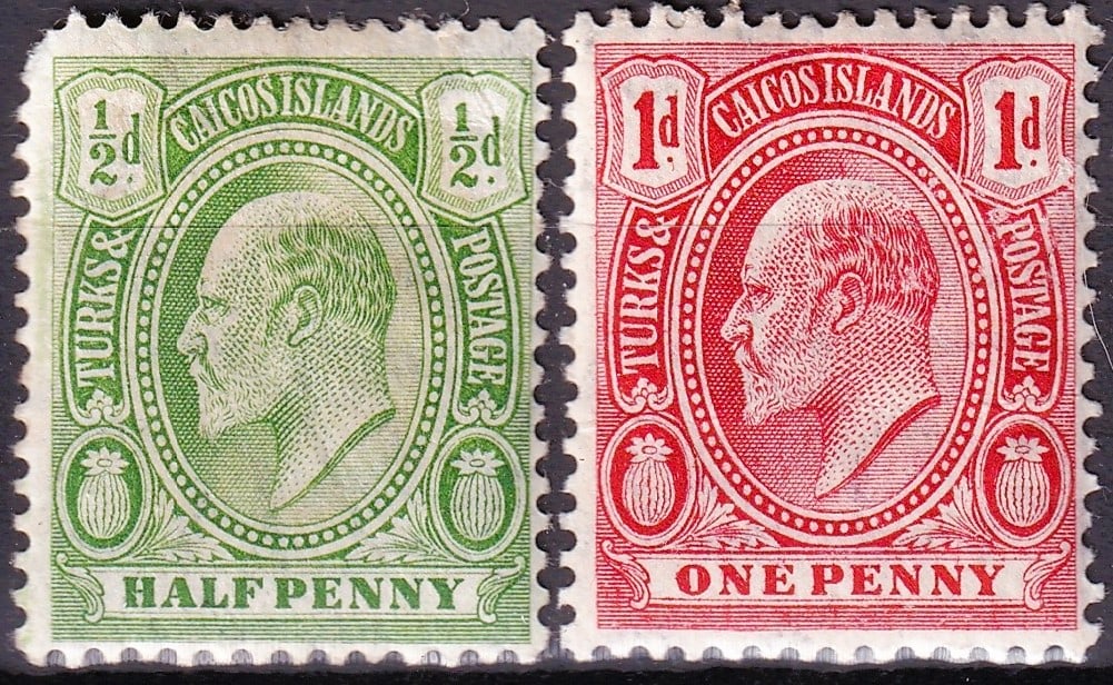 1909 Turks and Caicos Islands King Edward VII Half Penny One Penny SG 117 118: This lot comprises two definitive postage stamps issued by the Turks and Caicos Islands during the reign of King Edward VII, released on 2 September 1909 as part of the classic imperial portrait serie