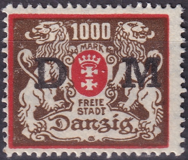 Post War 1923 Free City of Danzig Official Stamp Mi D40X 1000 Mark: This official stamp was issued by the Free City of Danzig during the period of extreme hyperinflation following the First World War, reflecting the severe economic instability that affected Central Eu